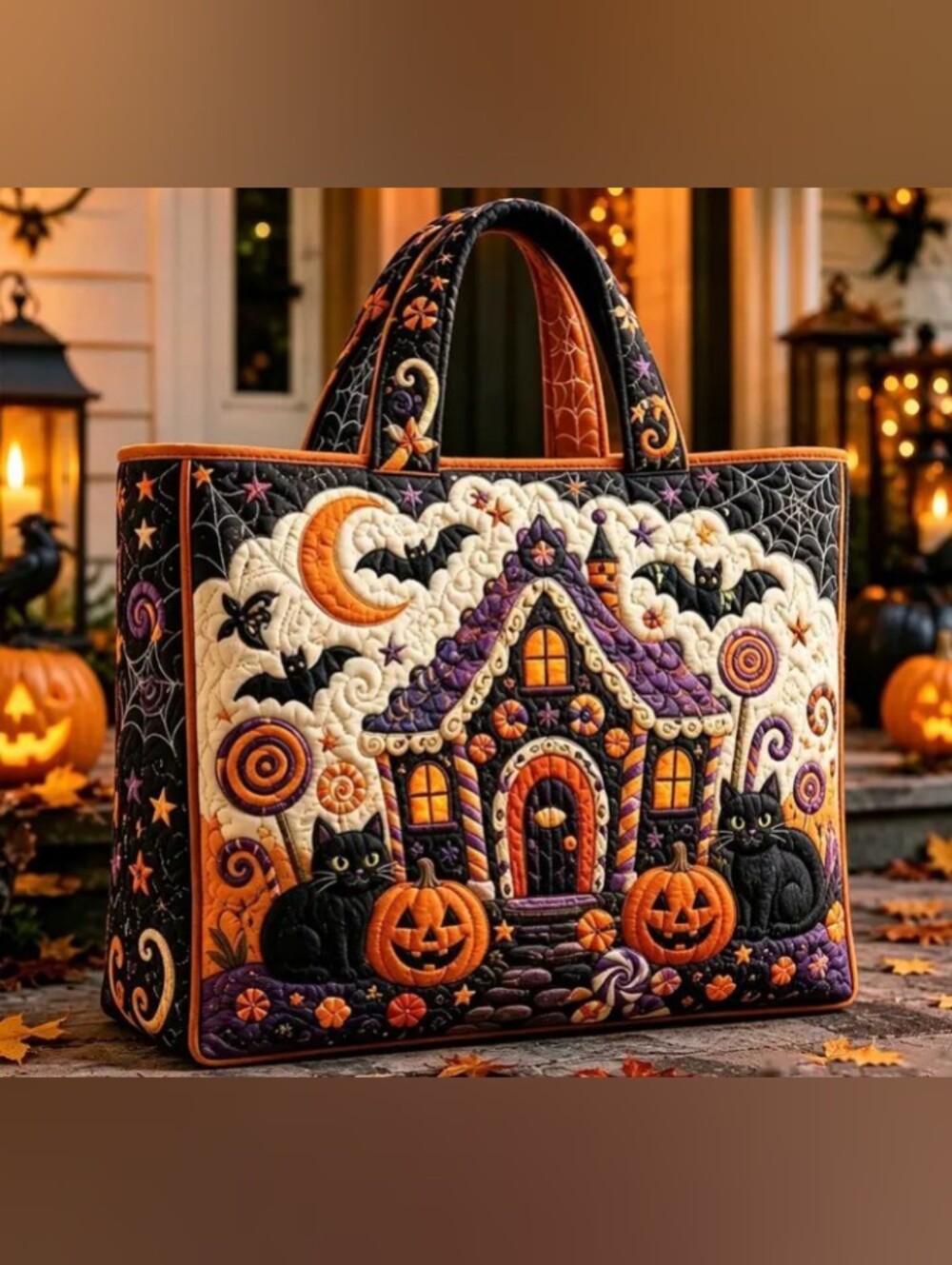 Halloween Quilted Tote Bag with Pumpkin & Cat Appliqué